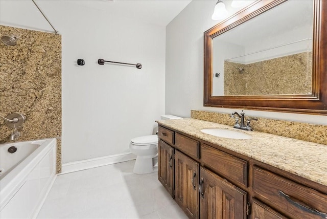 full bathroom with tile patterned flooring, vanity, toilet, baseboards, and shower / bathing tub combination