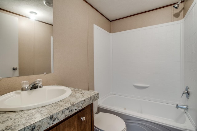 full bath featuring toilet, bathtub / shower combination, visible vents, crown molding, and vanity