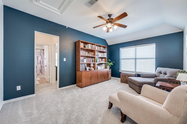 12067 Sunny St, Frisco, TX 75033 - living area with a ceiling fan, lofted ceiling, carpet floors, and baseboards