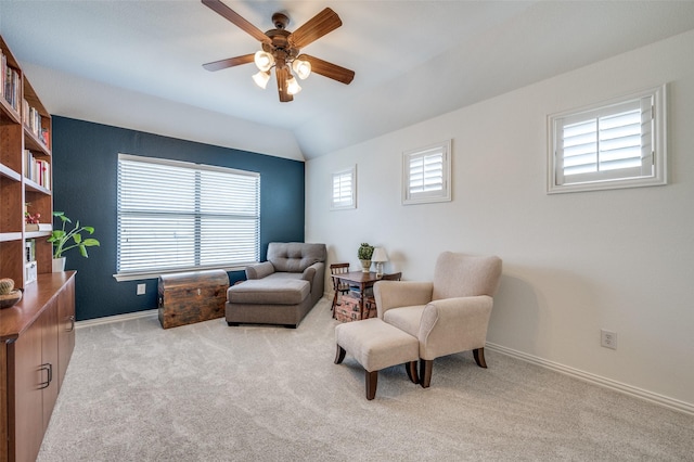 12067 Sunny St, Frisco, TX 75033 - sitting room featuring ceiling fan, baseboards, light carpet, and vaulted ceiling