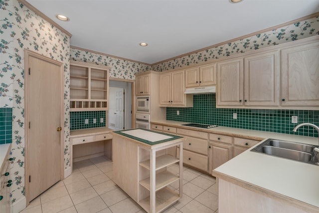 kitchen featuring wallpapered walls, light brown cabinetry, open shelves, ornamental molding, and white appliances