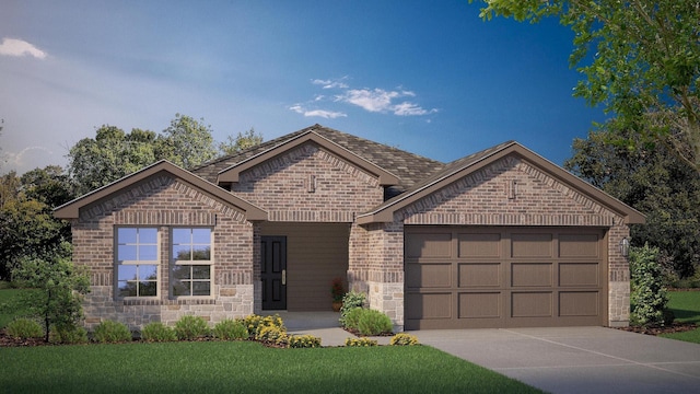 view of front of home with concrete driveway, brick siding, stone siding, and a garage