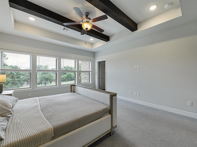 9136 Rock Daisy Ct, Dallas, TX 75231 - bedroom featuring multiple windows, beamed ceiling, carpet flooring, recessed lighting, and a ceiling fan