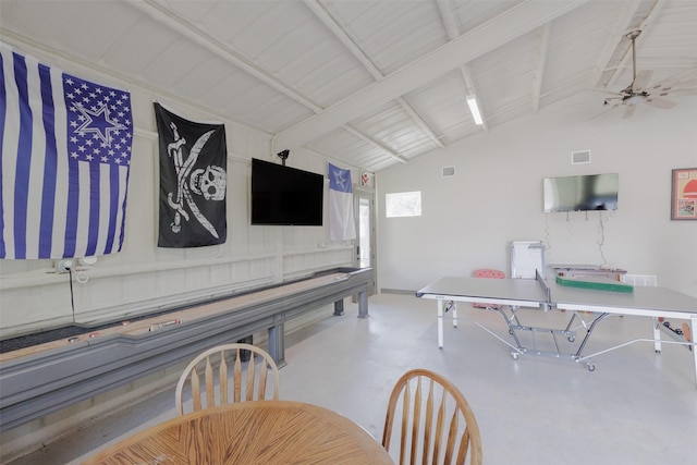 rec room with vaulted ceiling with beams, visible vents, finished concrete floors, and a ceiling fan