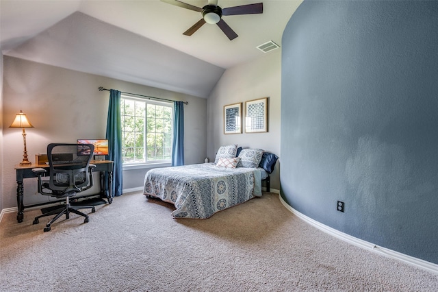 4007 Brooks Ct, Highland Village, TX 76226 - carpeted bedroom featuring vaulted ceiling, ceiling fan, a textured wall, baseboards, and visible vents
