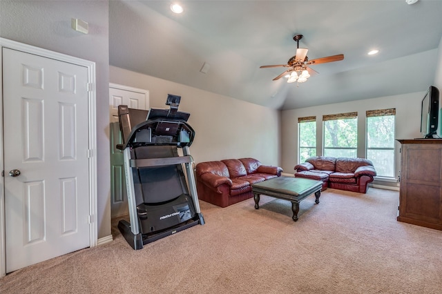4007 Brooks Ct, Highland Village, TX 76226 - carpeted living area with recessed lighting, lofted ceiling, and a ceiling fan