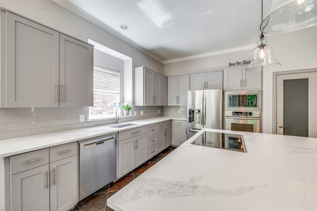 4007 Brooks Ct, Highland Village, TX 76226 - kitchen with stainless steel appliances, a sink, decorative backsplash, crown molding, and light stone countertops