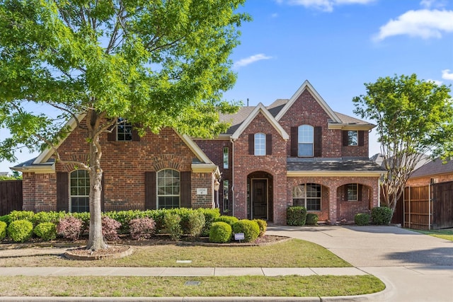 traditional home with brick siding, roof with shingles, and fence