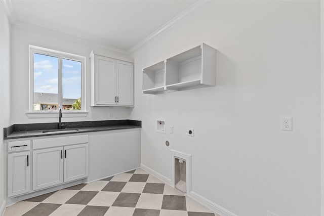7103 Heathington Ct, Granbury, TX 76049 - laundry room featuring washer hookup, a sink, tile patterned floors, crown molding, and electric dryer hookup