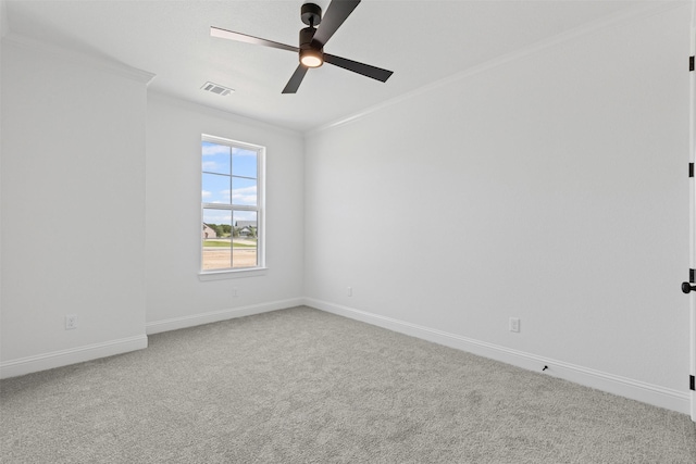 7103 Heathington Ct, Granbury, TX 76049 - empty room featuring a ceiling fan, carpet floors, visible vents, baseboards, and ornamental molding