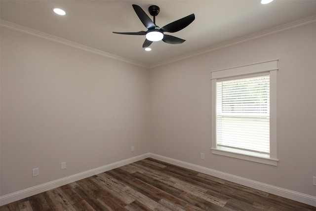 unfurnished room with recessed lighting, a ceiling fan, ornamental molding, baseboards, and dark wood-style flooring