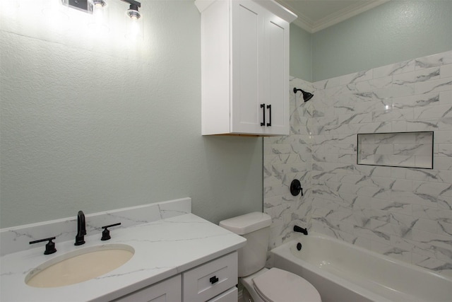 full bathroom with toilet, vanity, ornamental molding, and shower / washtub combination