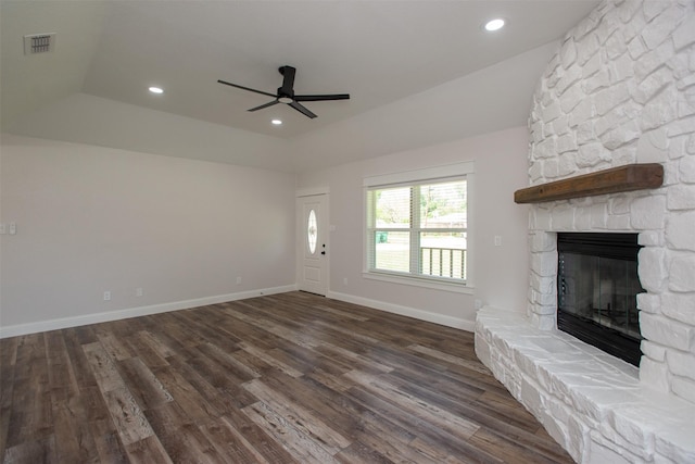 unfurnished living room featuring dark wood finished floors, visible vents, recessed lighting, ceiling fan, and a fireplace
