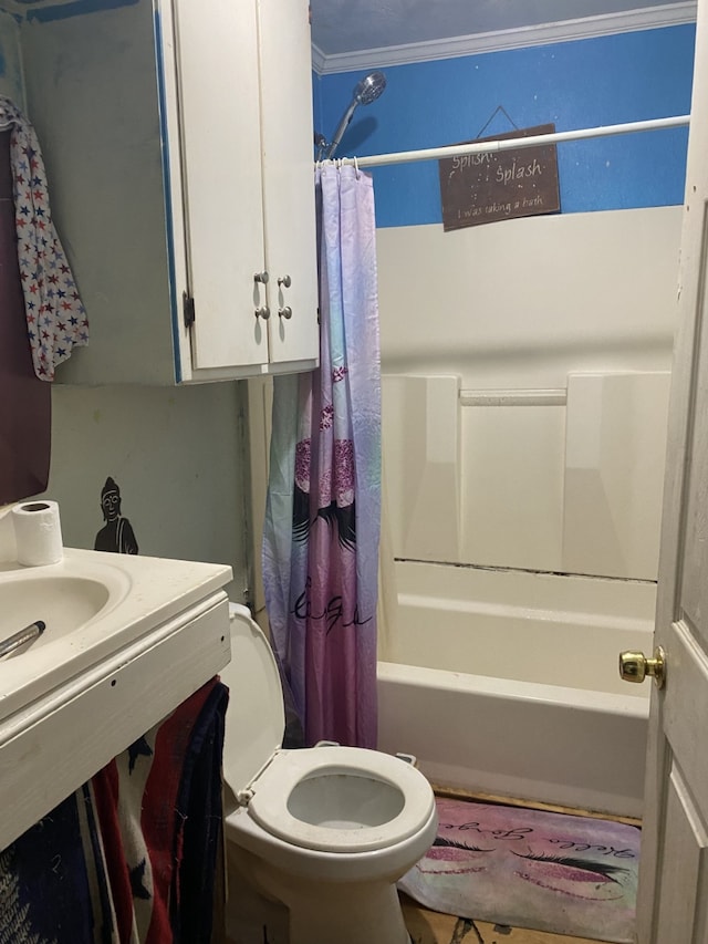 full bathroom with shower / tub combo, toilet, and vanity
