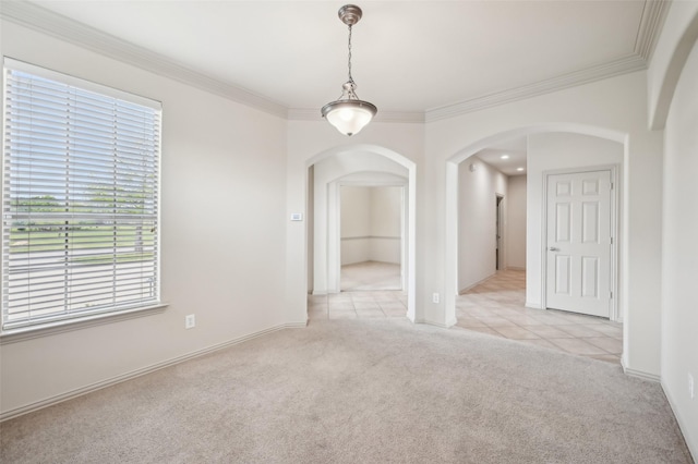 9616 Barksdale Dr, Fort Worth, TX 76244 - unfurnished room with arched walkways, ornamental molding, light colored carpet, light tile patterned floors, and baseboards