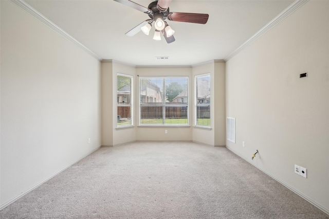 9616 Barksdale Dr, Fort Worth, TX 76244 - empty room featuring crown molding, light colored carpet, ceiling fan, and baseboards