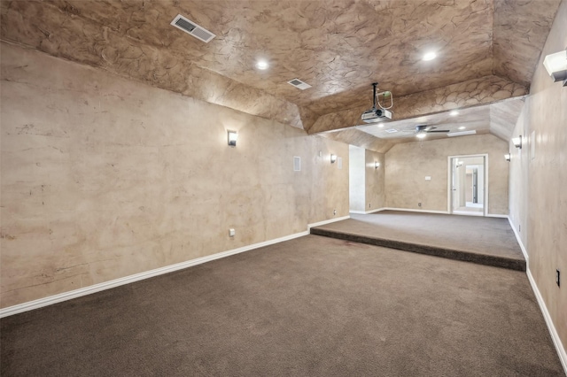 empty room with recessed lighting, visible vents, a ceiling fan, baseboards, and carpet flooring