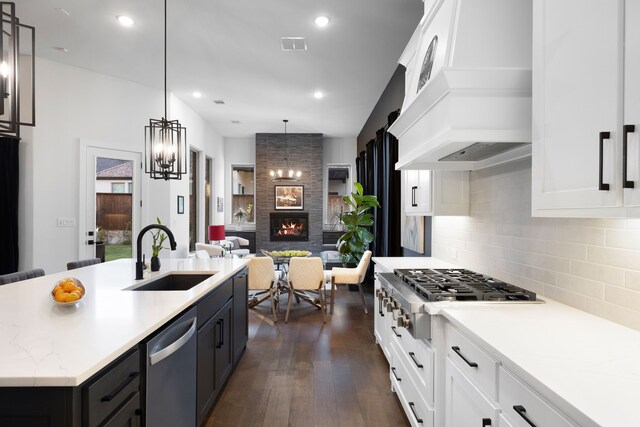 kitchen featuring a sink, dark wood-style flooring, tasteful backsplash, custom exhaust hood, and appliances with stainless steel finishes