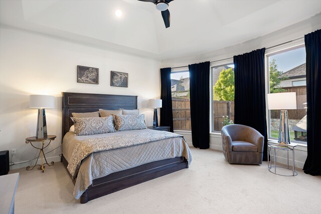 bedroom featuring recessed lighting, baseboards, a ceiling fan, and carpet