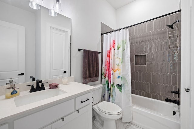full bath featuring shower / bath combo with shower curtain, vanity, marble finish floor, and toilet