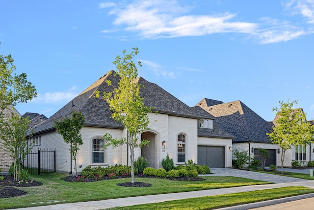 french country style house with an attached garage, a front lawn, brick siding, and roof with shingles