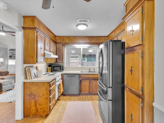 kitchen featuring light wood-style flooring, a sink, appliances with stainless steel finishes, visible vents, and a ceiling fan