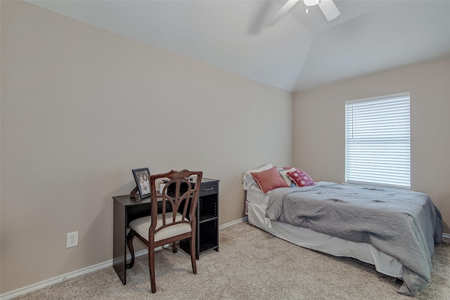 bedroom featuring ceiling fan, carpet floors, vaulted ceiling, and baseboards