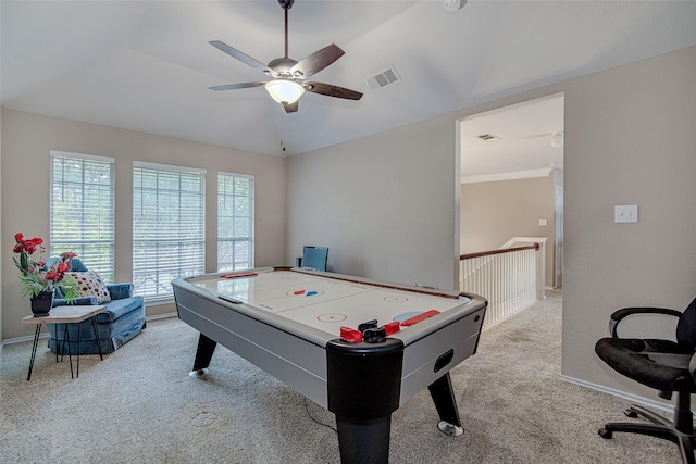 rec room with ceiling fan, baseboards, carpet flooring, and visible vents