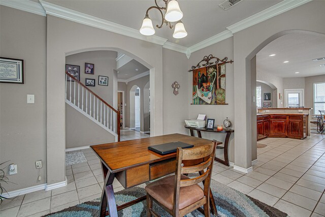 dining space with baseboards, an inviting chandelier, stairway, crown molding, and light tile patterned floors