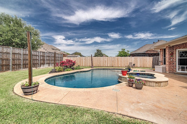 view of swimming pool featuring a fenced in pool, a yard, an in ground hot tub, and a patio
