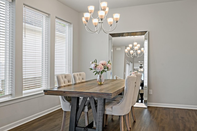 dining space with an inviting chandelier, wood finished floors, and baseboards