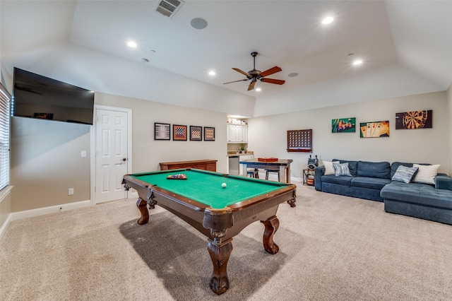 rec room featuring ceiling fan, light carpet, billiards, and visible vents