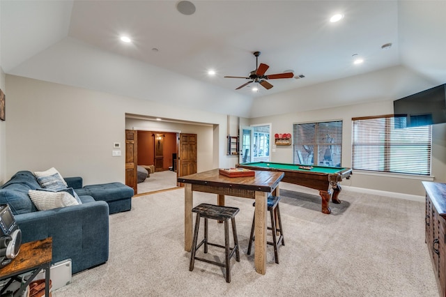 playroom featuring recessed lighting, vaulted ceiling, billiards, and light carpet