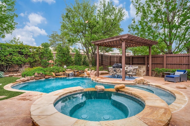 view of pool featuring a pergola, a patio, a fenced backyard, and outdoor dining area