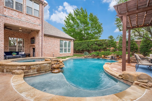view of swimming pool with an outdoor living space, a fenced backyard, a patio, a fenced in pool, and an in ground hot tub
