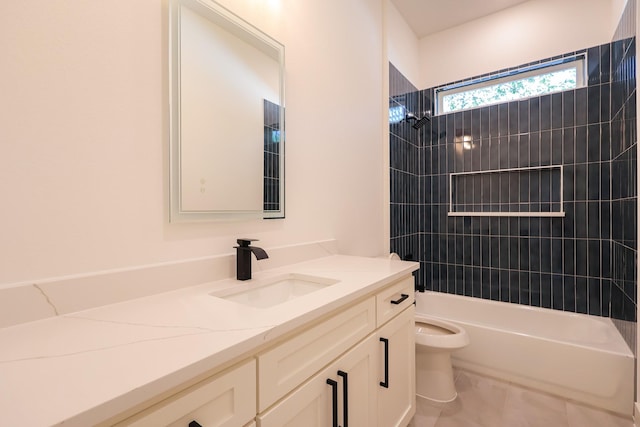 bathroom with tile patterned floors, vanity, shower / tub combination, and toilet