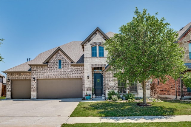 view of front of home featuring brick siding, driveway, stone siding, and a front yard