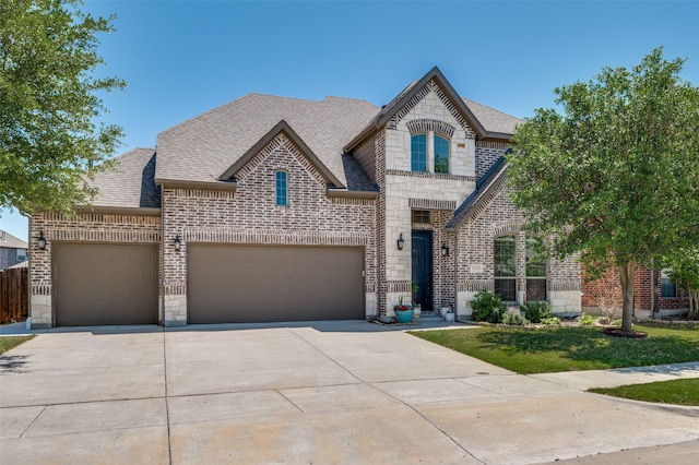 french country style house featuring roof with shingles, stone siding, concrete driveway, brick siding, and a garage