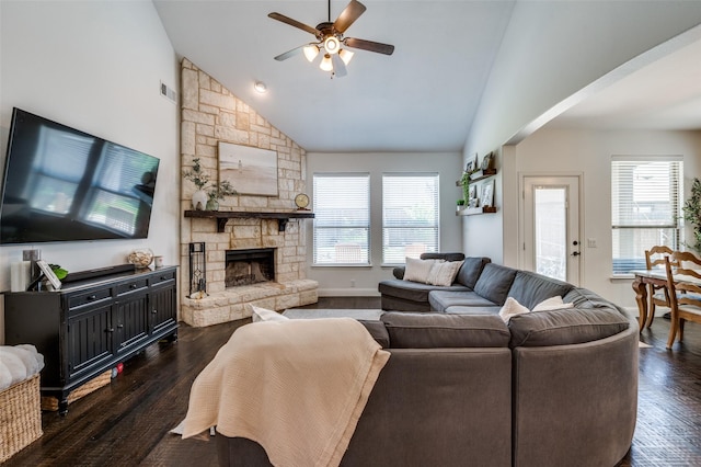 4416 Juniper Ln, Melissa, TX 75454 - living area featuring ceiling fan, dark wood-type flooring, a fireplace, high vaulted ceiling, and baseboards