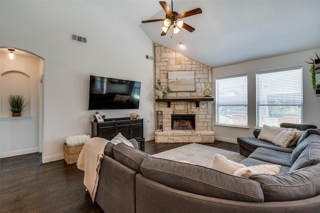 4416 Juniper Ln, Melissa, TX 75454 - living area with a ceiling fan, arched walkways, a fireplace, baseboards, and high vaulted ceiling