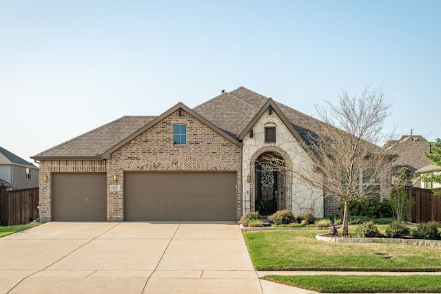 french country style house with concrete driveway, brick siding, fence, and a shingled roof