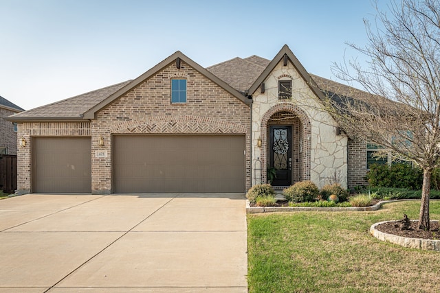 french country home with brick siding, roof with shingles, driveway, and a garage