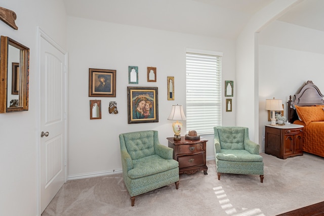 living area featuring lofted ceiling, carpet flooring, and baseboards