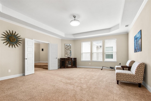 13043 Seattle Slew St, Frisco, TX 75035 - living area featuring a raised ceiling, carpet flooring, and ornamental molding