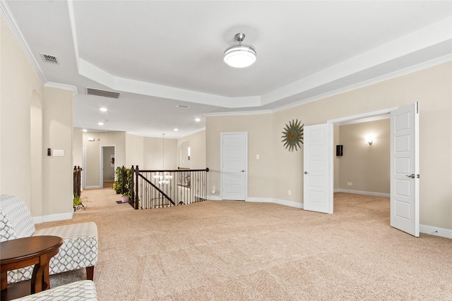 13043 Seattle Slew St, Frisco, TX 75035 - sitting room featuring an upstairs landing, a raised ceiling, light colored carpet, crown molding, and recessed lighting