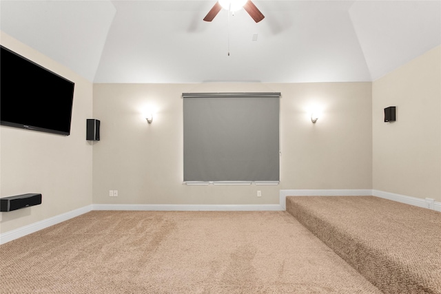13043 Seattle Slew St, Frisco, TX 75035 - cinema featuring carpet floors, vaulted ceiling, a ceiling fan, and baseboards