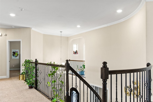 13043 Seattle Slew St, Frisco, TX 75035 - hall featuring carpet floors, an upstairs landing, ornamental molding, baseboards, and recessed lighting