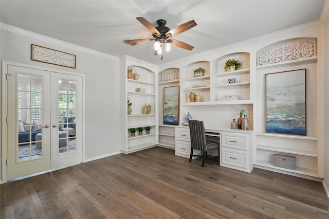 1102 Belvedere Dr, Allen, TX 75013 - office space with dark wood-type flooring, crown molding, built in desk, and french doors