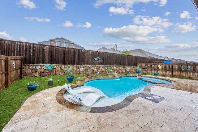 view of pool with a patio, a fenced backyard, and a pool with connected hot tub