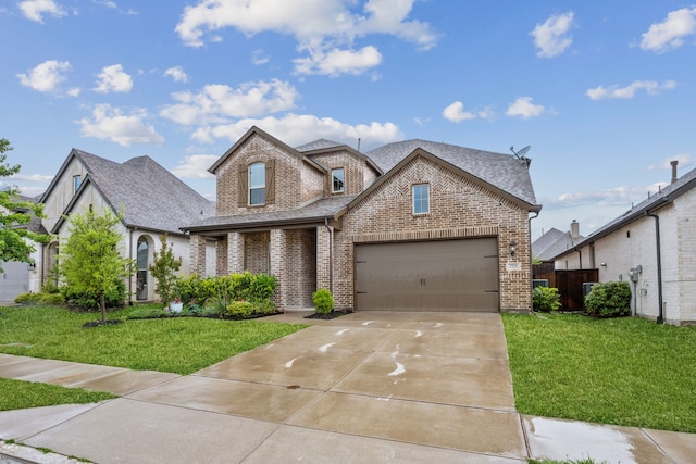 view of front of home featuring brick siding, a front yard, and roof with shingles
